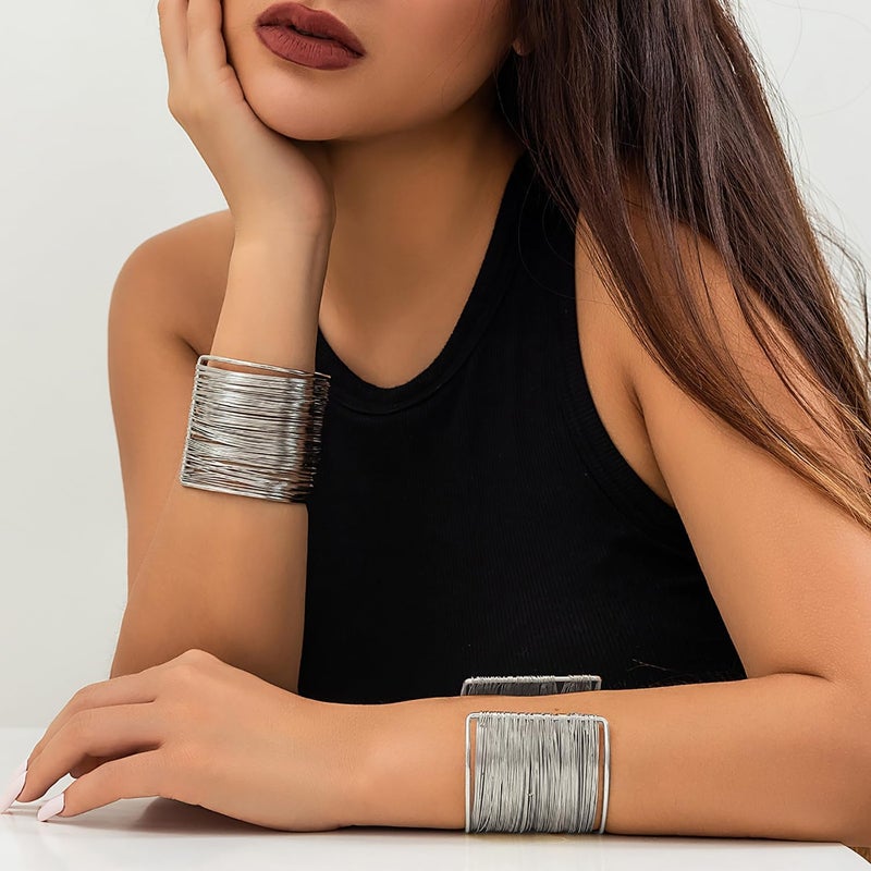 RIOSO 2 Pcs Cuff Bangle Bracelet for Women Open Wide Wire Bracelets Adjustable Wrist Cuff Wrap Bracelet - Image 3